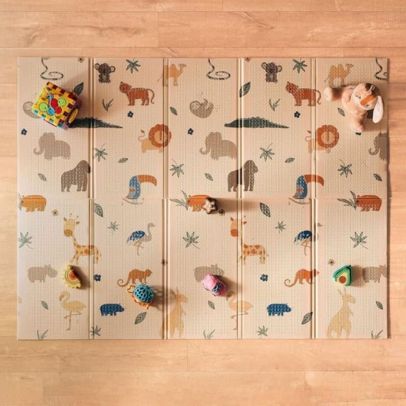 Nuby Foldable Reversible Play Mat - Easy Clean | Reversible | Waterproof | Suitable from Birth | 147 x 195 cm (Safari) - 1