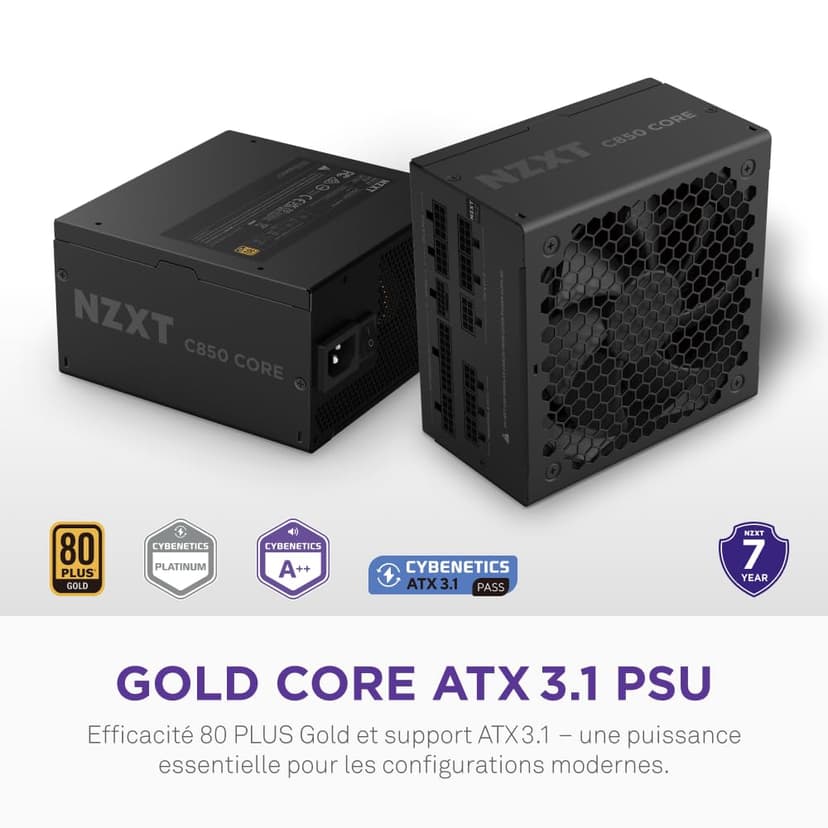 NZXT C850 Gold Core - 850W ATX 3.1 Power Supply - 80 PLUS Gold - Cybenetics Platinum - Fully Modular - PCIe 5.1 600 W 12 V-2x6 - Zero RPM Fan - 10°C Capacitors - Black - 3