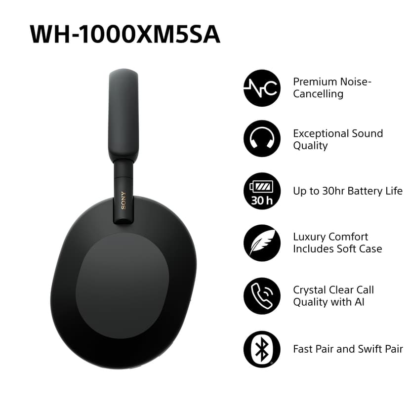 Sony WH-1000XM5SA Special Edition Soft Case Premium Noise Cancelling Wireless Over-Ear Headphones, Bluetooth, Clear Call Quality, Hi-Res Audio, Up to 30hr Battery Life, iOS & Android - Black - 2