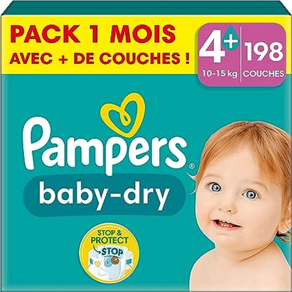 Pampers Baby-Dry, Taille 7, 132 Couches, 15kg+, Une Nuit Jusqu’À 100% Sans Fuites, Pack 1 Mois