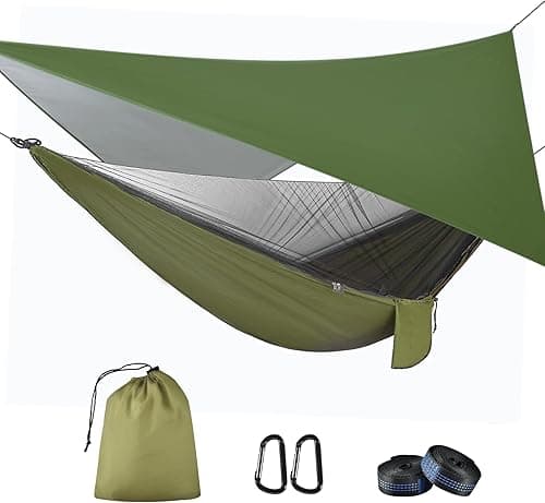 OTraki Hamac 290 x 140 cm avec Moustiquaire et Bâche Respirant Léger de 310 * 310cm, 200 kg Capacité de Charge Hamac d'extérieur Nylon Hamac Pliable pour Jardin Exterieur Voyage Randonnée Bivouac,Vert
