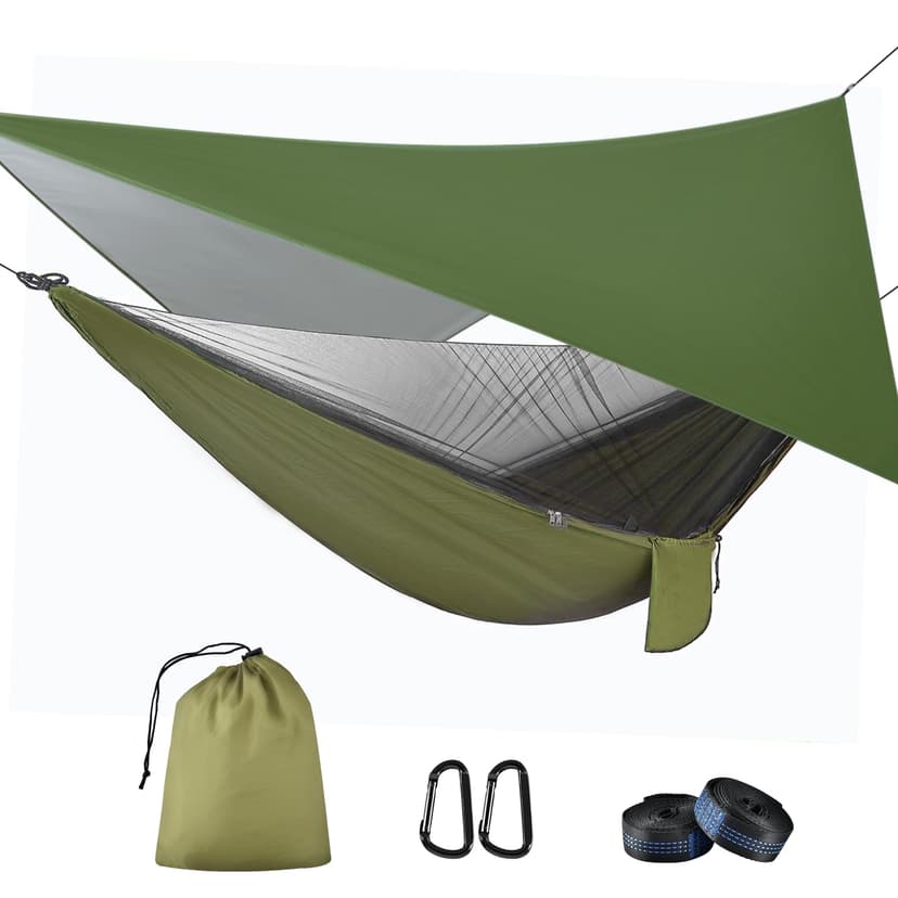OTraki Hamac 290 x 140 cm avec Moustiquaire et Bâche Respirant Léger de 310 * 310cm, 200 kg Capacité de Charge Hamac d'extérieur Nylon Hamac Pliable pour Jardin Exterieur Voyage Randonnée Bivouac,Vert - 1