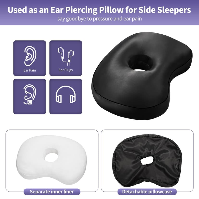 Nockovi Coussin de piercing d'oreille pour personnes dormant sur le côté, soutien orthopédique avec trou d'oreille et housse amovible, 30,5 x 48,3 cm pour oreilles percées - 5