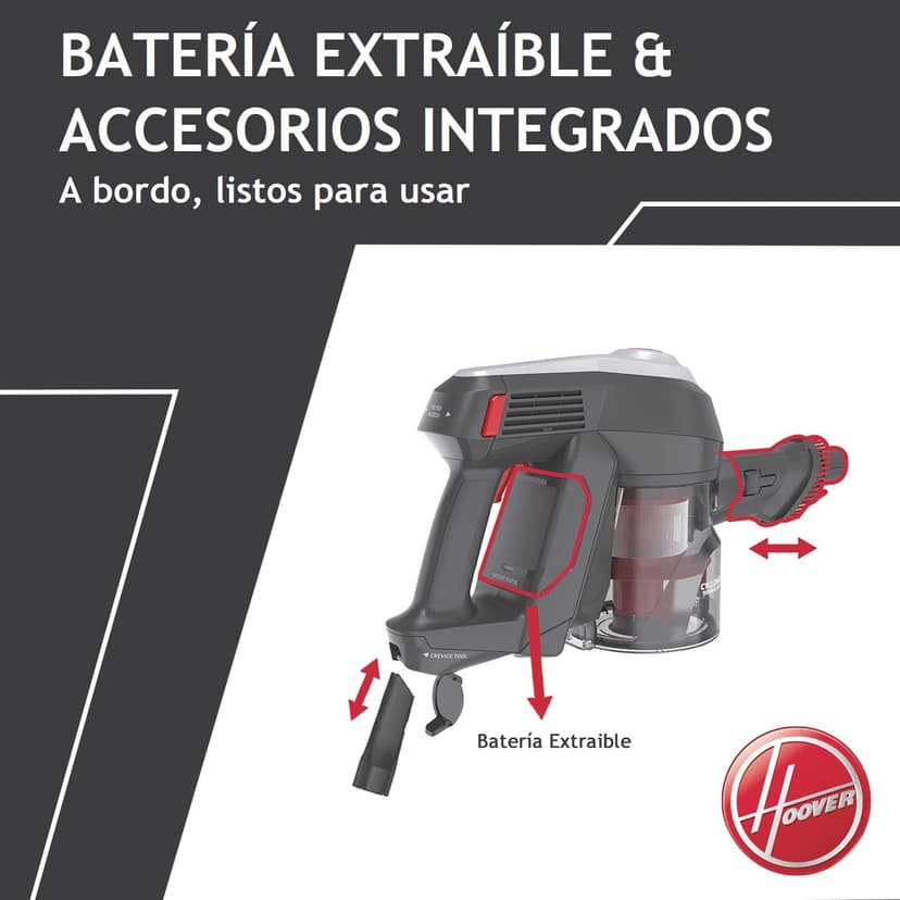 Hoover H-FREE 100 HF122GPT - Cordless Stick Vacuum, Cyclonic, Pet Bristle Brush, Removable 22V Lithium Battery, 40min, 0.9L, LED Lights, 2 Speeds - 8