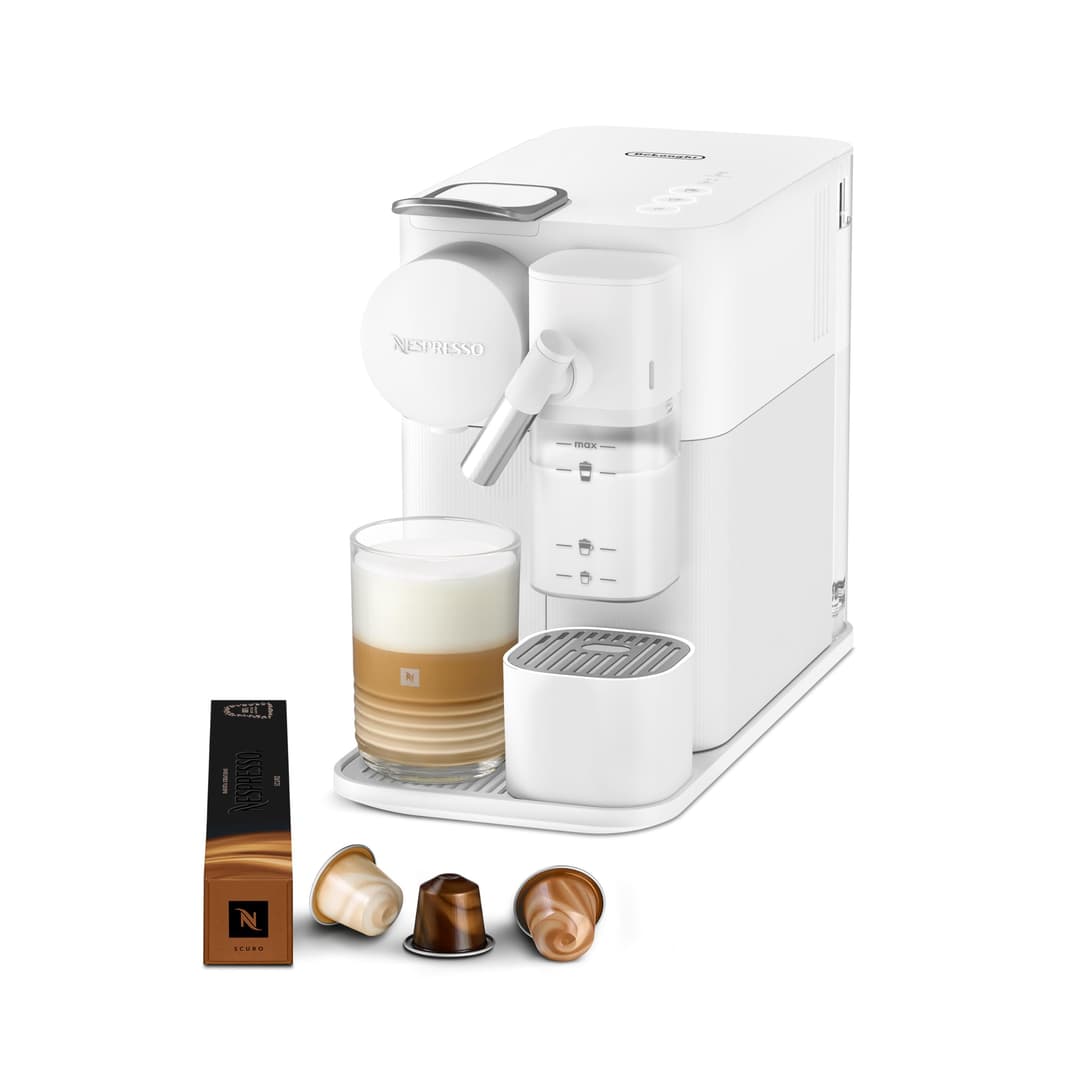 Nespresso De'Longhi Machine à café Lattissima One Blanche, 19 Bars + Kit de Bienvenue, Design Compact, Expresso, Lungo et Recettes Lactées, Arrêt Automatique, EN510.W