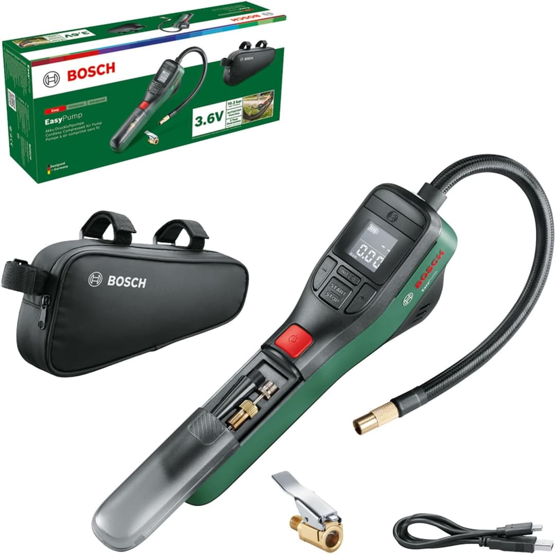 Bosch Electric Bike Pump/Air Pump/Mini Compressor EasyPump (3.0 Ah battery; 3.6 Volt; Autostop function; 150 PSI; 10.3 bar; LED; recharge via USB-C cable, 3x Adapter; Quick Connect Plug, Bicycle Bag)