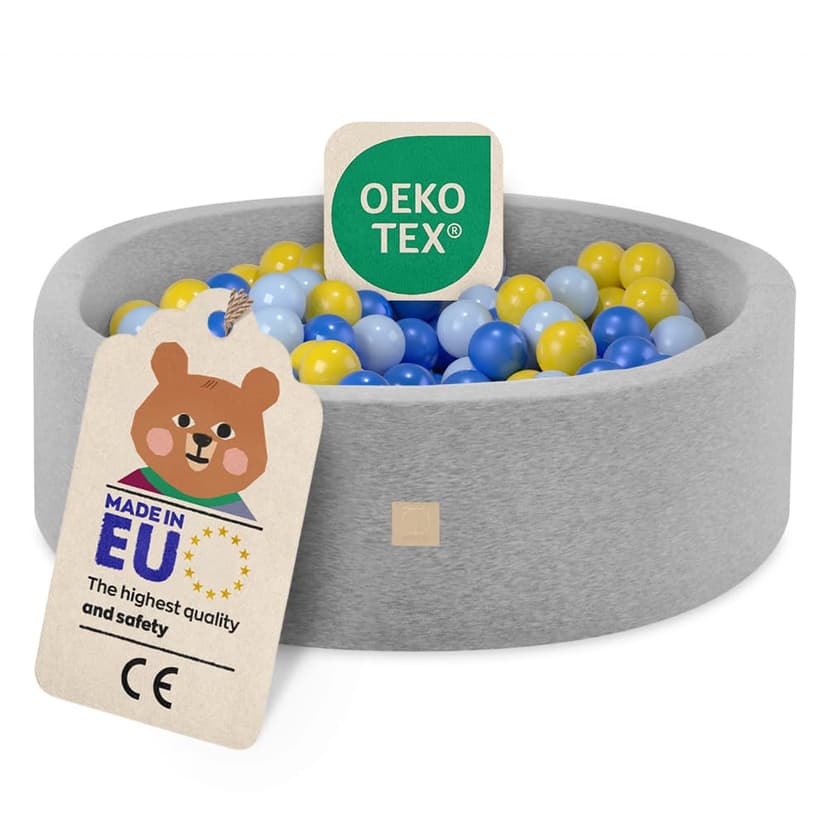Misioo Smart Ball Pool for Children's Room – 200 Balls – Toy – Machine Washable, Oeko-Tex Certified – 90 x 30 cm, Light Grey – Blue/Yellow/Light Blue - 6