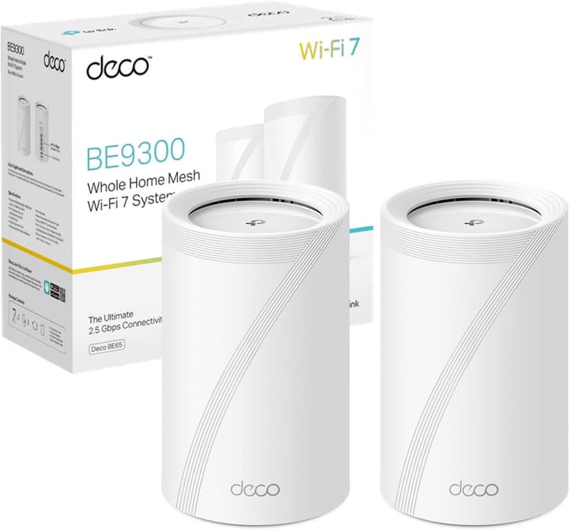 TP-Link Deco WiFi 7 Mesh BE9300 Deco Tri-Band BE65(2-Pack), Ethernet Port/Fibre 2.5 Gbps, WiFi Speed up to 9 Gbps, WPA3, 320 MHz Channels, 6 GHz - 1