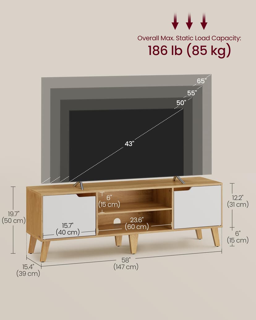 VASAGLE TV Stand Unit, Entertainment Center with Adjustable Shelf, for 65 Inch TVs, 147 cm Long Media Console Table, Transitional Style, for Living Room, Bedroom, Natural Oak and Cream White LTV556Y01 - 4