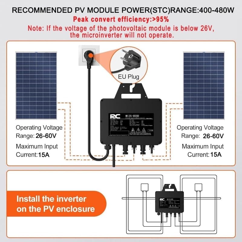 RC Micro Inverter 800W, 26-60V DC Input, Solar Inverter MPPT Microgrid Feed-in Converter with WiFi Monitoring for Mobile Phones, Black - 2
