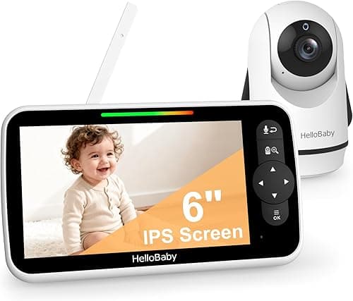 HelloBaby Moniteur Vidéo Bébé 6 Pouces, Grand Écran avec Caméra et Audio, Batterie 4000mAh Mode ECO, Vision Nocturne, sans WiFi, Communication Bidirectionnelle 8 Berceuses, Caméra PTZ à Distance