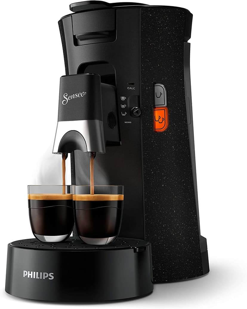 Philips Domestic Appliances Senseo Select Eco CSA240/20 Coffee Pod Machine - Coffee Strength Choice Plus Recycled Plastic Memo Function, 1450 W, 0.9 Litre, 31 x 15.5 x 31 cm, Black/Speckled - 2