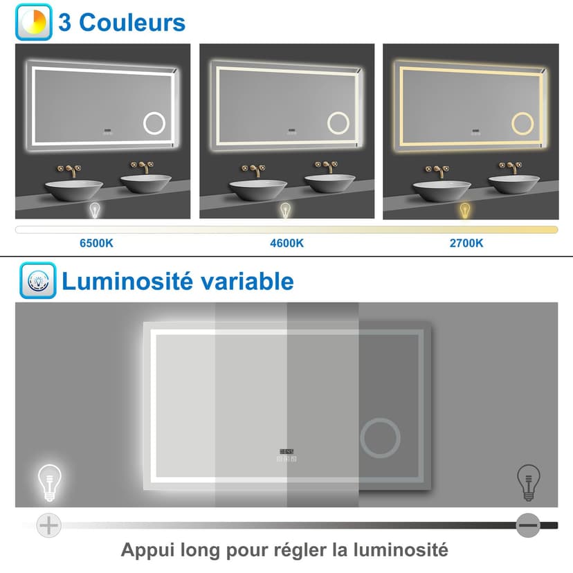 AICA Miroir de Salle de Bain LED avec Bluetooth 100x60cm, Miroir Lumineux avec Horloge + 3 Couleurs + Dimmable + Anti-buée + Grossissant 3X,Miroir Mural Interrupteur Tactile Étanche - 4