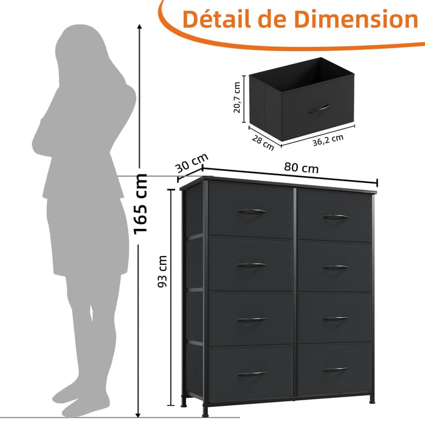 Somdot Tall Chest of Drawers for Bedroom with 8 Drawers, Wide Storage Organiser Fabric Dresser for Closet Nursery Bedside Living Room Laundry Entryway Hallway, Black - 3