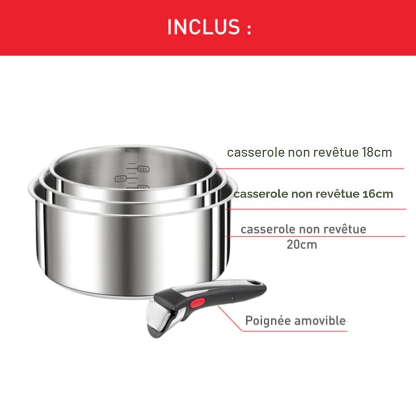 Tefal Ingenio Set of 4 Pieces, 16/18/20 cm Pans + 1 Removable Handle, Induction, Stainless Steel, Stackable, Space Saving, Made in China, Preference On L898S334 - 2