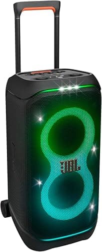 JBL PartyBox Stage 320 Portable Bluetooth Party Speaker with Wheels and Telescopic Handle, Pro Sound, Splashproof Design, Light Show, AI Sound Boost, 18-Hour Playtime, Black, EU Plug (Type C)