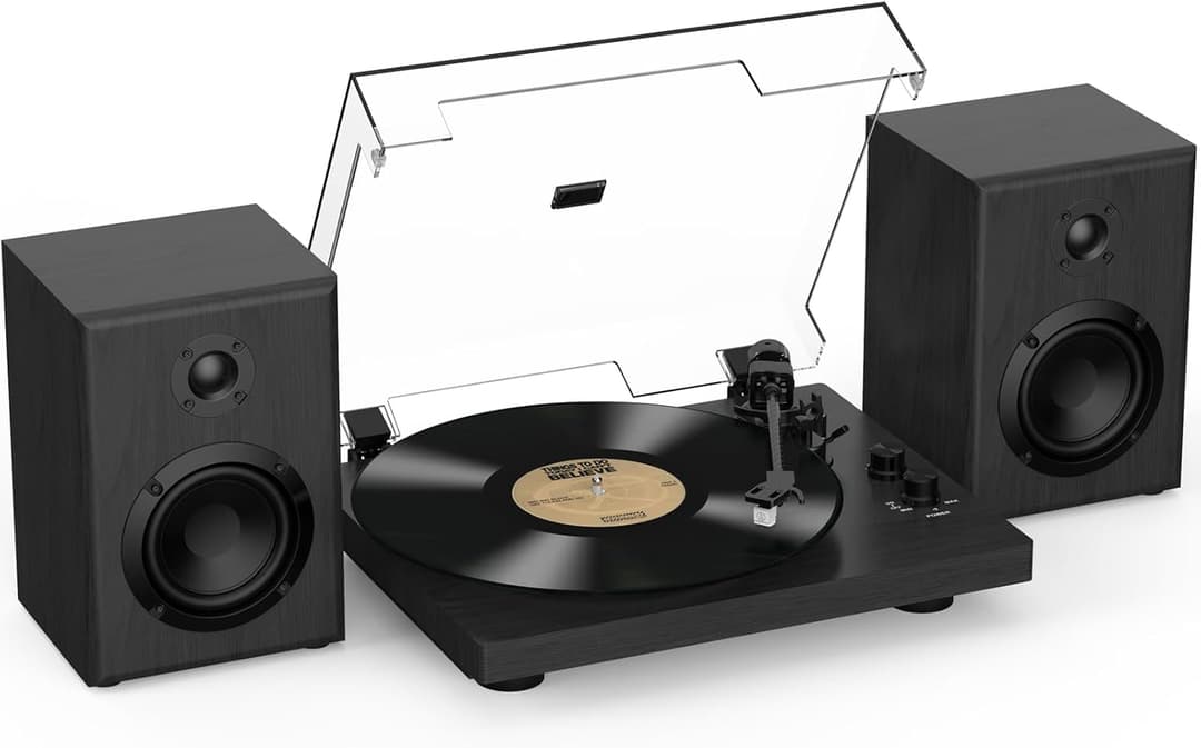 Trynnay Bluetooth Vintage Turntable with Shelf Speakers Belt-Drive 2 Speed Black