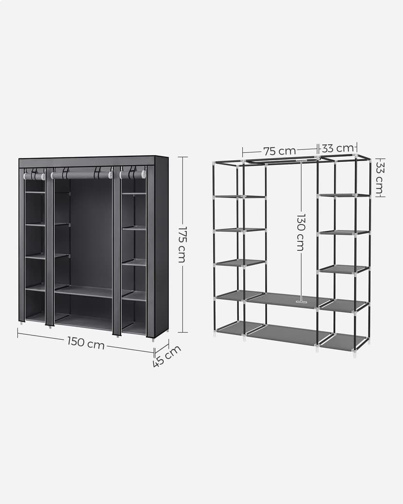 SONGMICS Armoire en Tissu 12 avec Tringle à vêtements et étagères - Armoire Solide pour Chambre à Coucher, Dressing, 150 x 45 x 175 cm, Gris LSF03G - 6