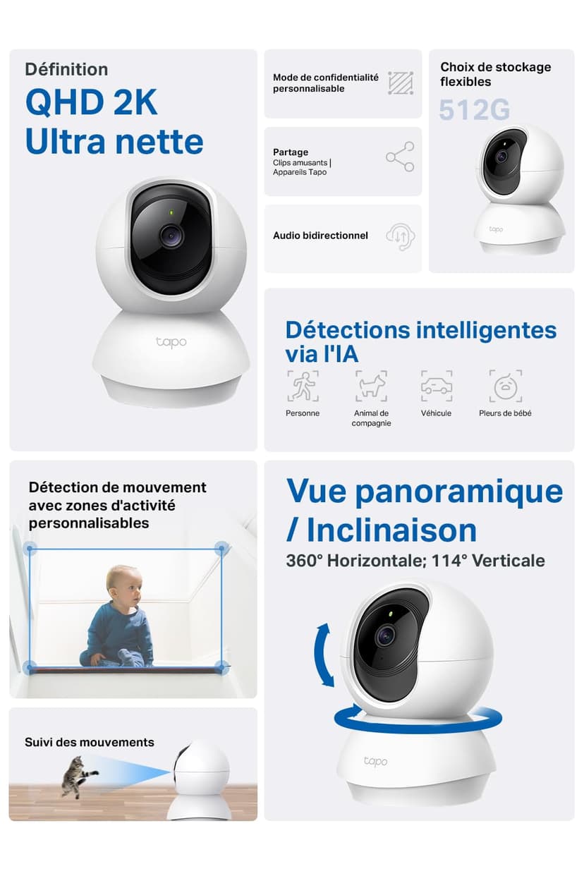 Tapo 3MP Indoor Wi-Fi Camera (2K), Surveillance Camera, Night Vision, Real Time Notifications, Cloud Storage and MicroSD up to 256GB, Works with Alexa and Google Assistant C210, bianco - 2