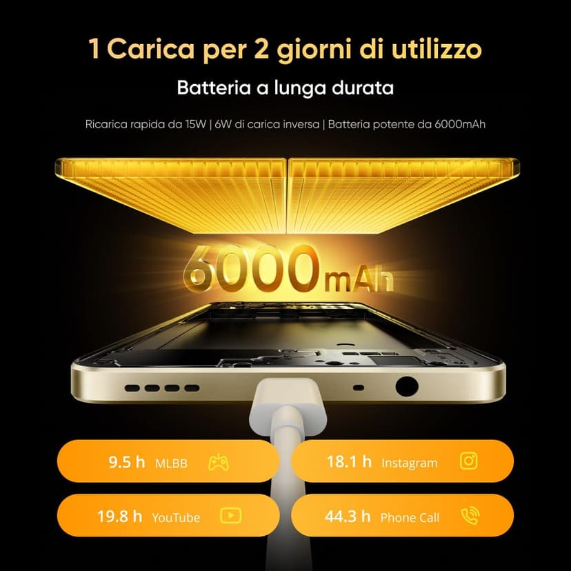 realme Note 70T Smartphone 4+128 GB, Batteria da 6.000 mAh, Ricarica rapida da 15 W con carica inversa da 6 W, 24 GB di RAM dinamica, Display con comfort visivo da 90 Hz, nero - 2