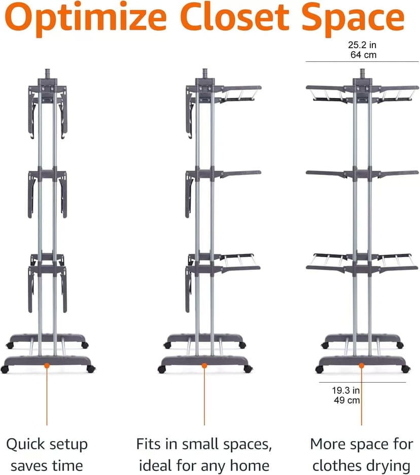 Amazon Basics Clothes Airer, 4-Tier Adjustable Drying Rack with 6 Foldable Wings, 126cm x 64cm x 173cm for Indoor Laundry, Silver - 3