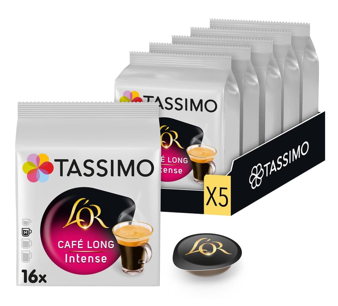 Tassimo, 80 Dosettes Café Long Intense L'OR, Compatibles avec les machines TASSIMO, 80 Cafés, Intense et Corsé, 5 packs de 16 dosettes