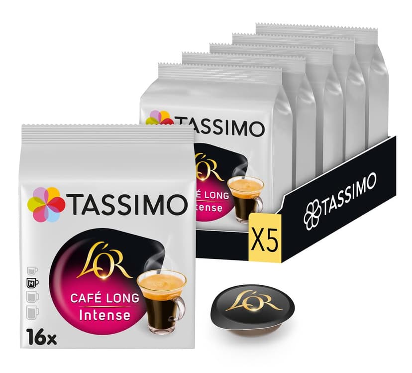 Tassimo, 80 Dosettes Café Long Intense L'OR, Compatibles avec les machines TASSIMO, 80 Cafés, Intense et Corsé, 5 packs de 16 dosettes - 1