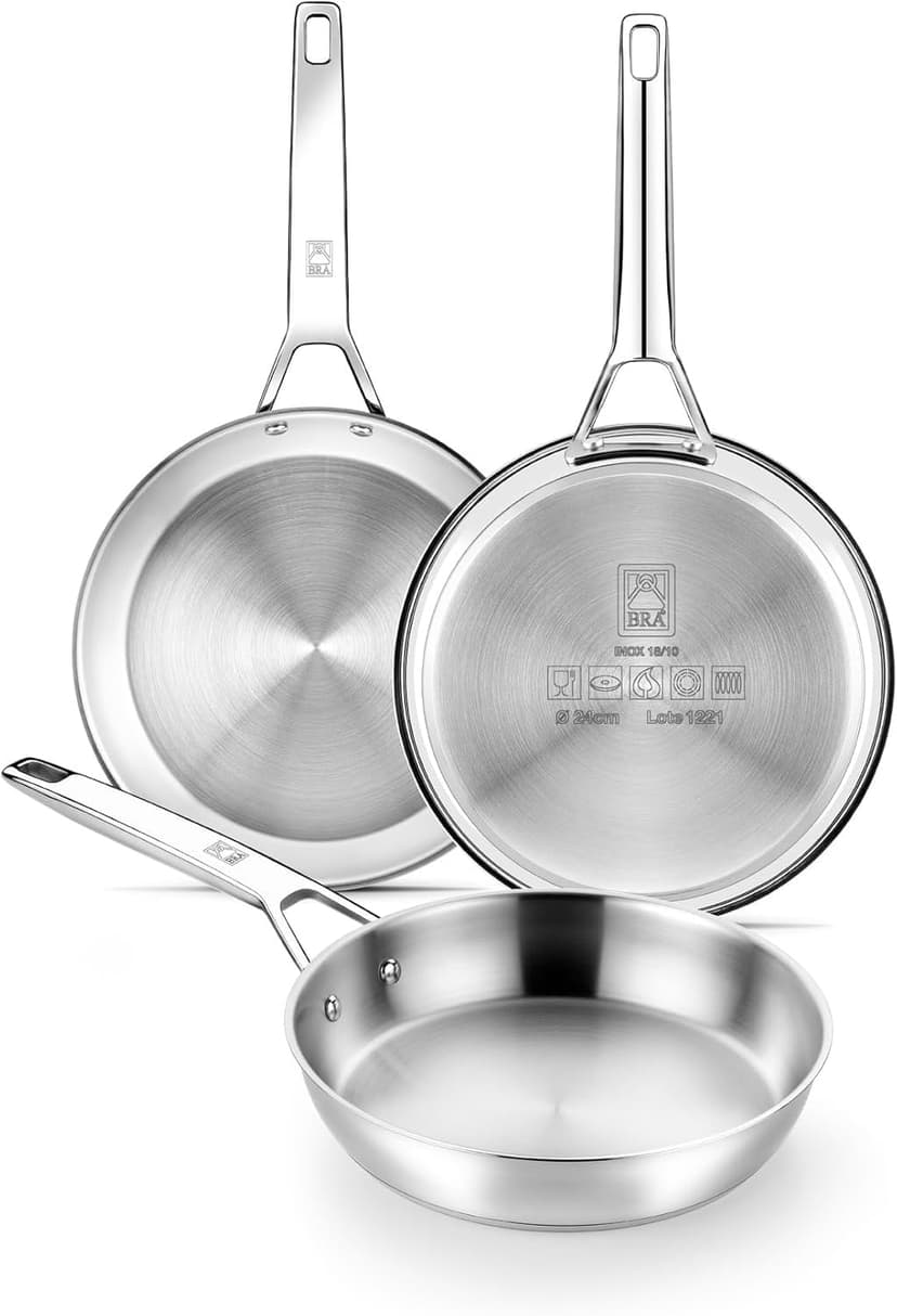 BRA Signature | Lot de 3 poêles en acier inoxydable 18/10 professionnel sans revêtement antiadhésif, triple fond diffuseur, tous feux dont induction, finition polie brillante, 20-24-26 cm - 1