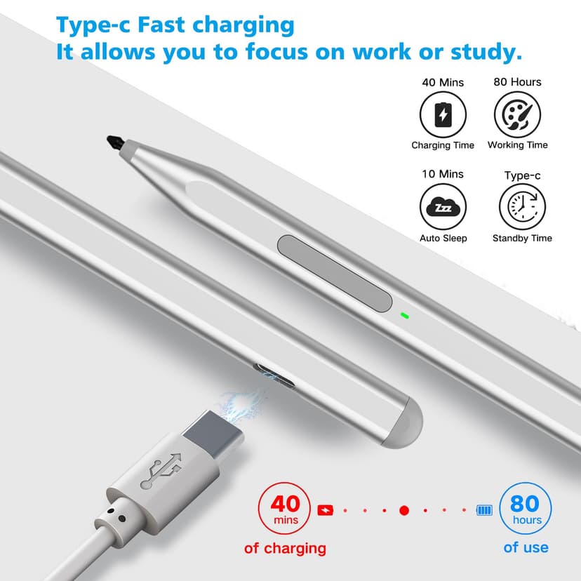 Stylus Pen for Microsoft Surface Pro12/11/10/9/8/X/7+/6/5/4/3/Surface 3, Surface Go 3/2/1, Surface Laptop/Studio/Book 4/3/2/1 with Eraser Side Button,Palm Rejection,Tilt Function,1024 Pressure - 4