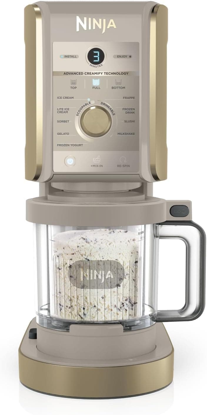 Ninja CREAMi NC501UKSTGD Machine à crème glacée et à dessert glacé avec 3 récipients, 10 fonctions, pour faire des sushis et plus encore, option saveur 2 en 1, or pierre - 1