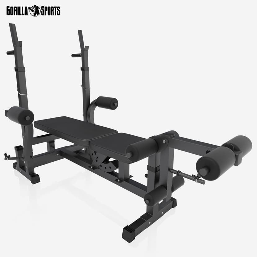 GORILLA SPORTS® Weight Bench - with 100kg Weights, Barbell Bar, EZ Curl Bar, Dumbbells, Adjustable, Rack, Dip Station, Preacher Pult, Leg Extension, Black or White - Training, Workout Bench, Multi Gym - 4