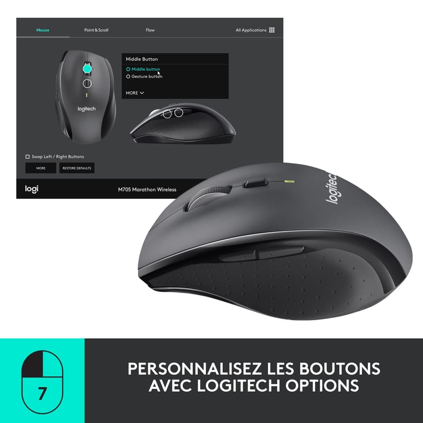 Logitech M705 Marathon sans Fil Souris, Récepteur USB Unifying 2,4 GHz, 1000 PPP, 5 Boutons Programmables, Pile Durée 3 Ans, Compatible PC, Mac, Ordinateur Portable, Chromebook - Graphite - 4