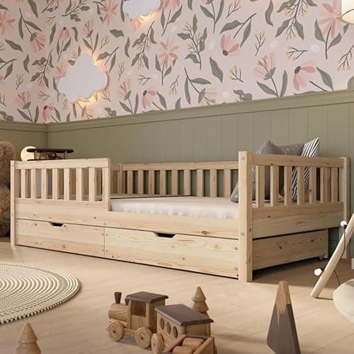 Crazy Pine Lit Enfant avec Tiroirs 190x90 cm – Montessori au Sol en Bois Massif avec Barrière – Sécurisé pour Tout-Petit – Design Scandinave, Montage Facile - Crazy Basic