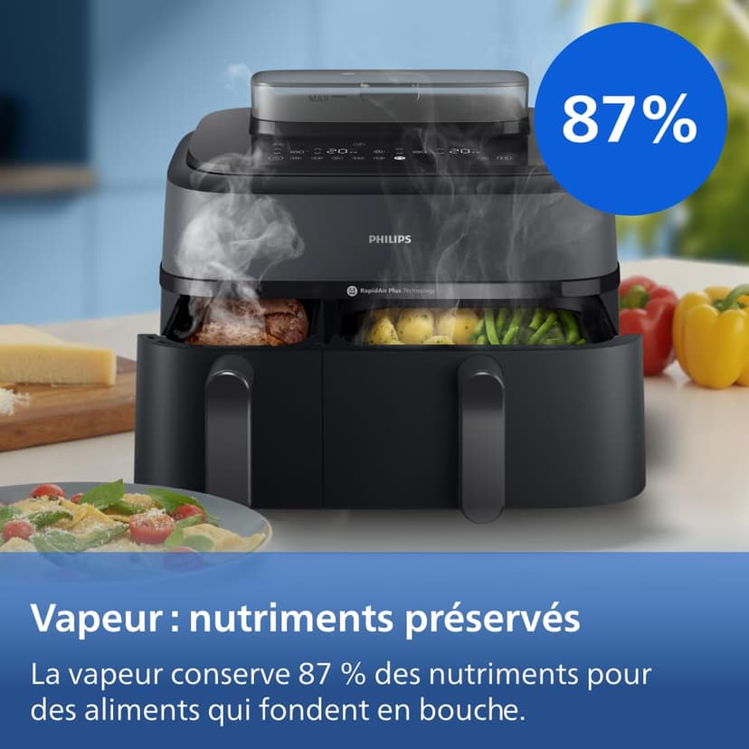Philips Airfryer Série 5000 - Air Fryer double panier avec cuisson vapeur, 9L, RapidAir, 19 modes de cuisson, jusqu'à 90% de matières grasses en moins, AirSteam, nettoyage vapeur, HomeID (NA550/00) - 8