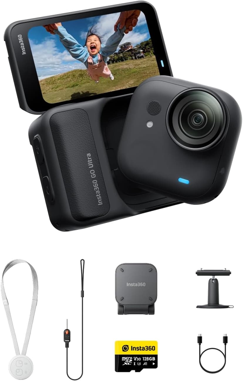 Insta360 GO Ultra Pack Essentiels Noir Minuit – Caméra 4K Mains Libres Ultra-légère et Portable, stabilisation FlowState, Performance de Pointe en Basse lumière, étanche à 10 m - 1