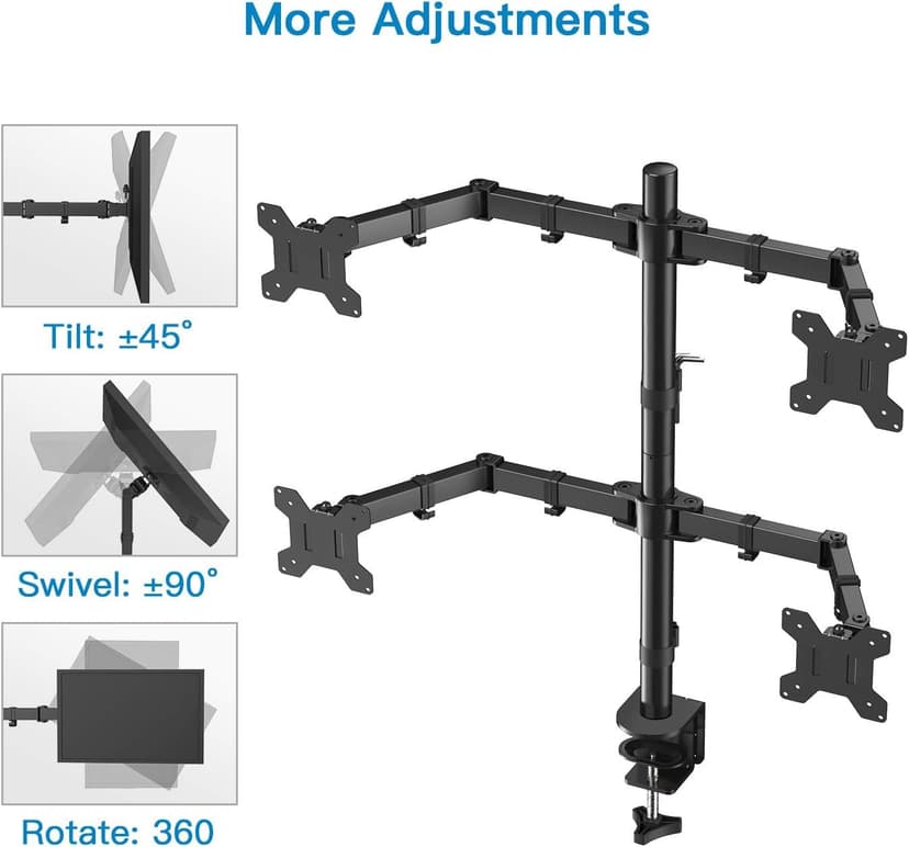 HUANUO Quad Computer Monitor Mount - Heavy Duty LCD Computer 4 Monitor Stand with Full Articulation, Fits Four Screens up to 27 Inches - Each Arm Holds up to 10kg, VESA 75x75-100x100mm Gaming - 3