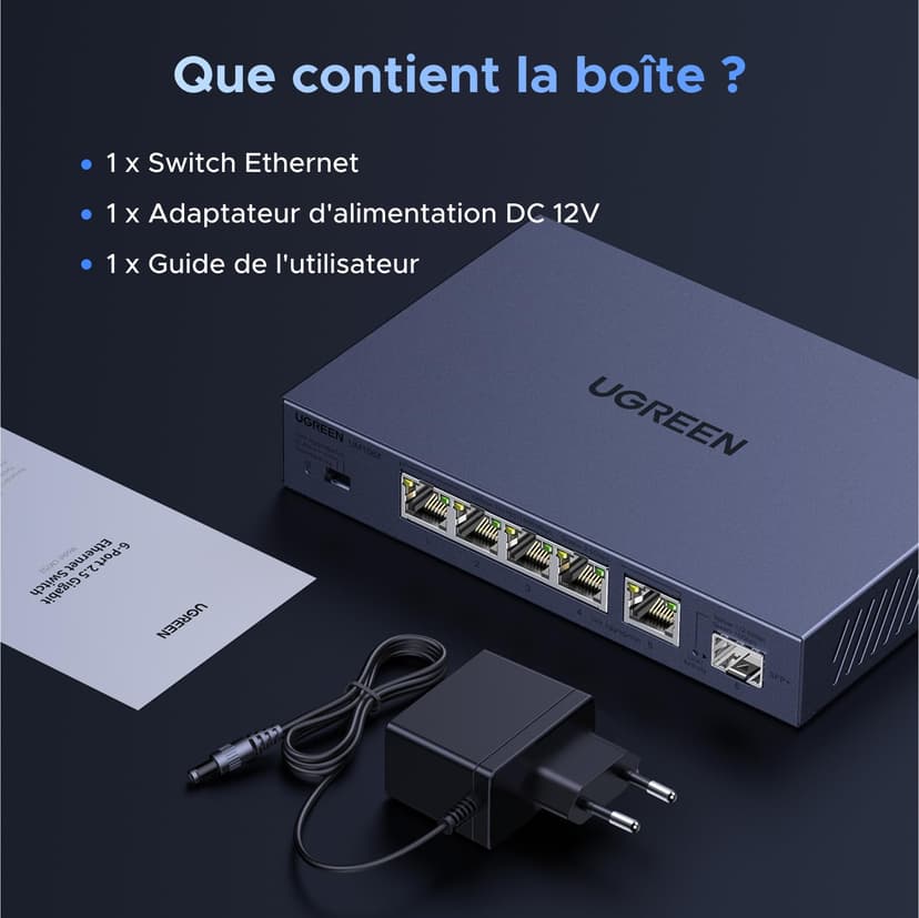 UGREEN Switch Ethernet 5 Ports Ethernet 2.5G 1 Port SFP+ 10G Switch RJ45 Boitier Métal 4KV Protection Contre la Foudre Multiprise RJ45 Montage Mural Agrégation de Liens Compatible avec PC Nas Caméra - 8