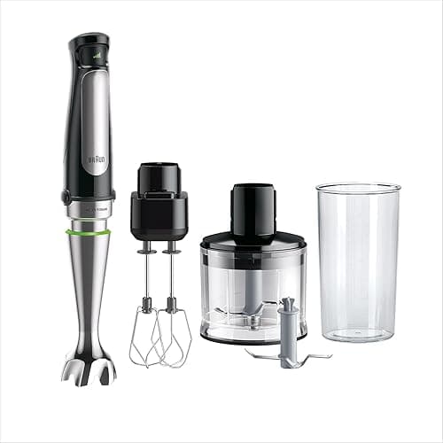 Braun MultiQuick 7 - Hand Blender with SplashControl Technology, ActiveBlade System for Hard Foods, Precise Speed Selection, 500mL Chopper, Double Beater, 600mL Beaker, 1000W, Black (MQ7035XBI)