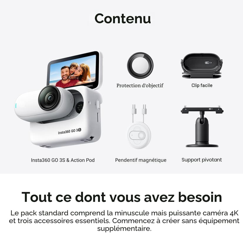 Insta360 GO 3S 64GB Arctic White - 4K Tiny Portable Vlogging Camera, Hands-Free POVs, Mount Anywhere, Stabilization, 140 Min Battery Life, 10m Waterproof, AI Editing, For Vlog, Travel, Outdoor - 8
