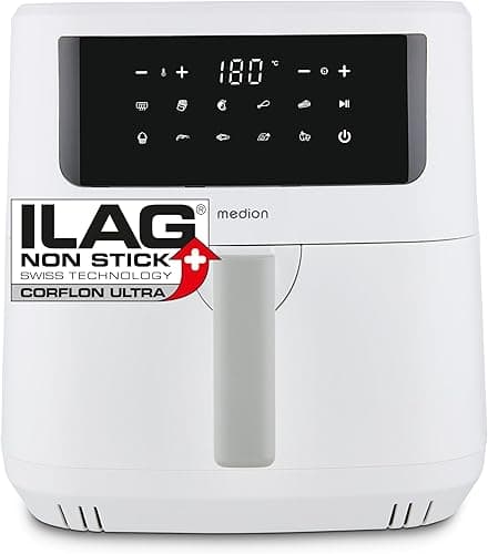 MEDION P10 XL Duo Hot Air Fryer (6.8 Litre XXL, Airfryer, 2,150 Watt, Two Stainless Steel Heating Elements, Shake Alarm, 9 Automatic Programmes, Touch Control Panel, LED Display), White