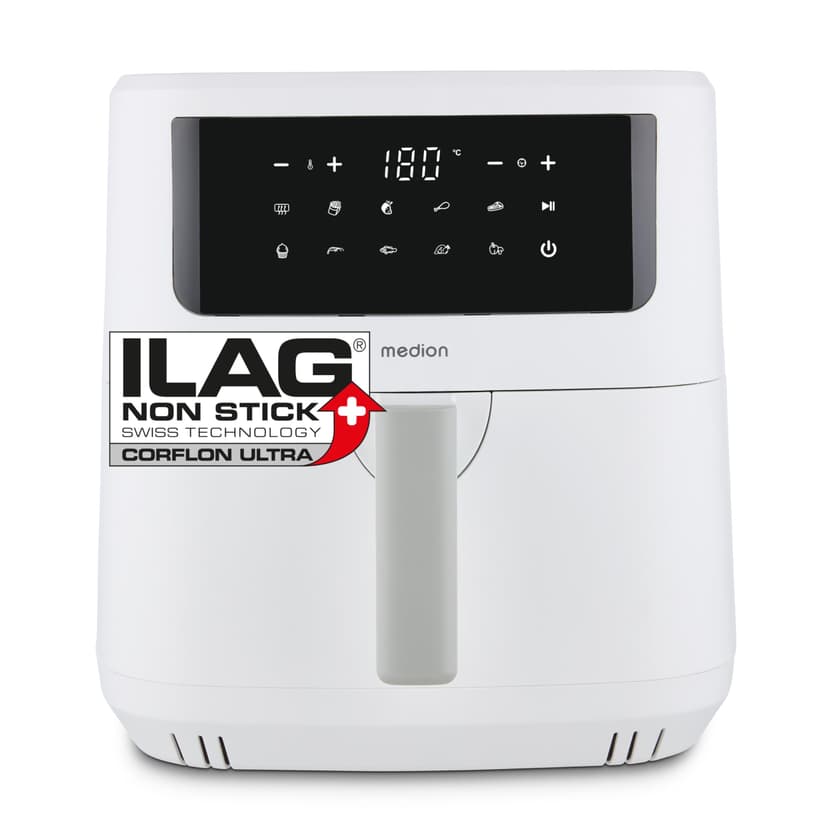 MEDION P10 XL Duo Hot Air Fryer (6.8 Litre XXL, Airfryer, 2,150 Watt, Two Stainless Steel Heating Elements, Shake Alarm, 9 Automatic Programmes, Touch Control Panel, LED Display), White - 1