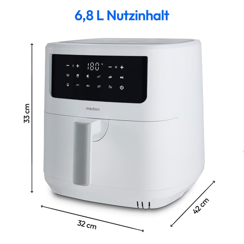 MEDION P10 XL Duo Hot Air Fryer (6.8 Litre XXL, Airfryer, 2,150 Watt, Two Stainless Steel Heating Elements, Shake Alarm, 9 Automatic Programmes, Touch Control Panel, LED Display), White - 9