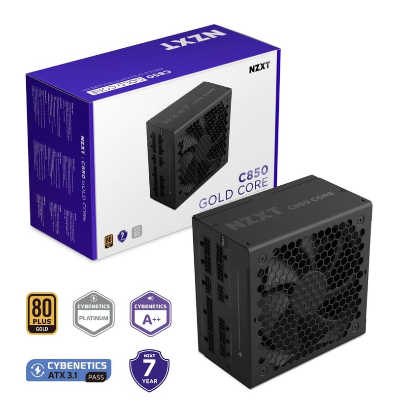 NZXT C850 Gold Core - 850W ATX 3.1 Power Supply - 80 PLUS Gold - Cybenetics Platinum - Fully Modular - PCIe 5.1 600 W 12 V-2x6 - Zero RPM Fan - 10°C Capacitors - Black - 2