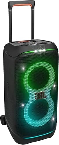 JBL PartyBox Stage 320 Portable Bluetooth Party Speaker with Wheels and Telescopic Handle, Pro Sound, Splashproof Design, Light Show, AI Sound Boost, 18-Hour Playtime, Black, EU Plug (Type C)