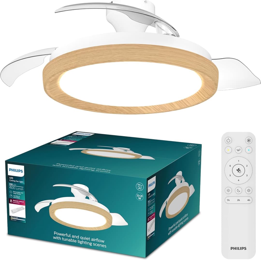 Philips Bliss Ventilatore a Soffitto con Pale Retrattili e Lampadina LED, 3 Pale, Pala Aperta 106 cm, 4.500 lm, Luce Bianca Tunabel 3.000-6.500 K, Intensità Regol. Fino al 5%, Telecomando Incl., Leg