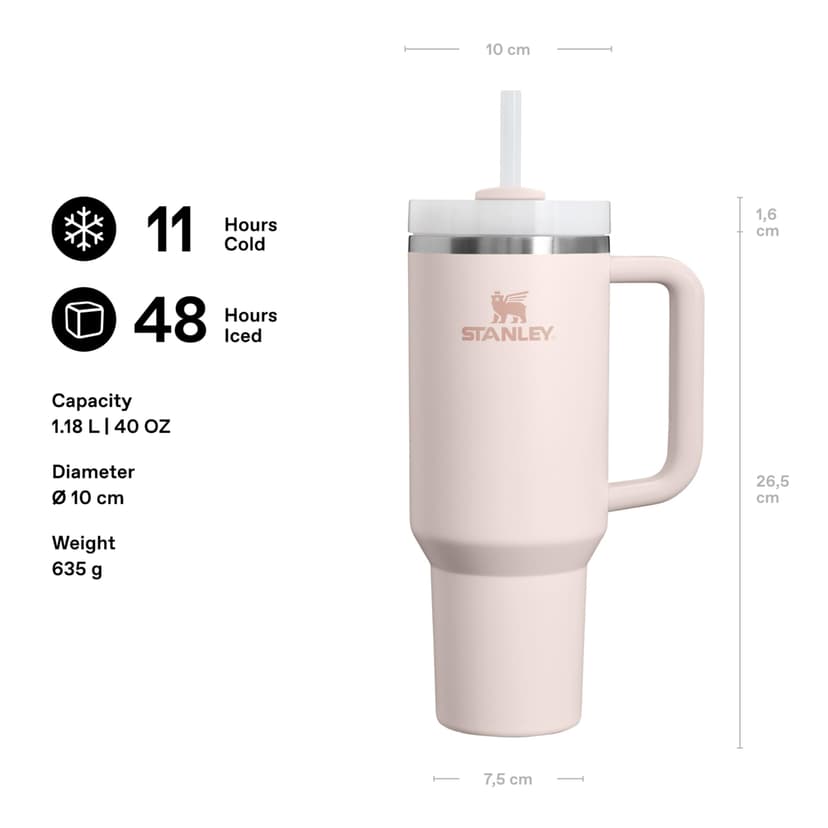 STANLEY 1913 Quencher H2.0 Flowstate Tumbler 1.2L - Cold for 11 Hours - Iced for 48 Hours - Metal Water Bottle with Straw, Handle and Lid - Dishwasher Safe - Travel Mug for Cold Drinks - Rose Quartz - 3