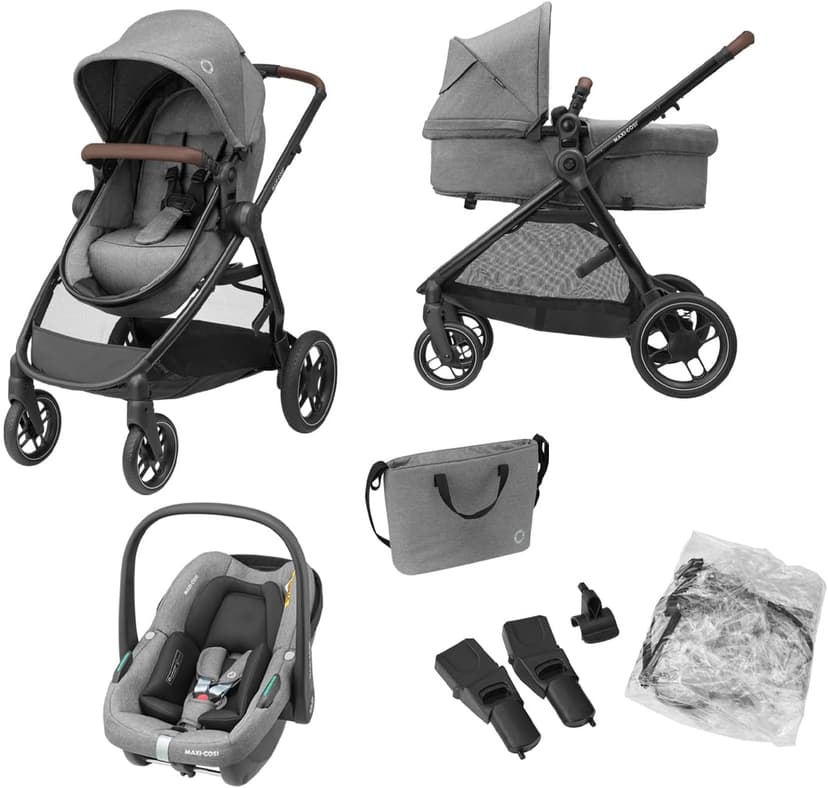Maxi-COSI Zelia S Trio Stroller 3 in 1 Set, 0-4 Years, Up to 22 kg, Foldable, Compact and Adjustable Stroller, Includes CabrioFix S i-Size Car Seat, Accessories, Diaper Bag, Grey - 1