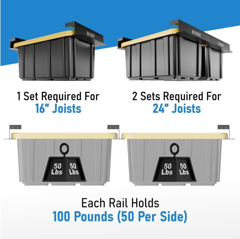 HANDT Overhead Garage Storage Rack, Connectable Heavy Duty Metal Ceiling Rails For Garage Storage Organization Shelving System (Black, 6 Bins) - 5