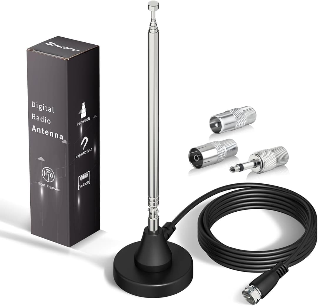 Bingfu DAB FM Radio Antenna Indoor Digital Telescopic Aerial with Magnetic Base 3Meter Extension Cable for 75 Ohm DAB+ FM Radio Home Stereo Receiver AV Audio Video Home Theater Receiver