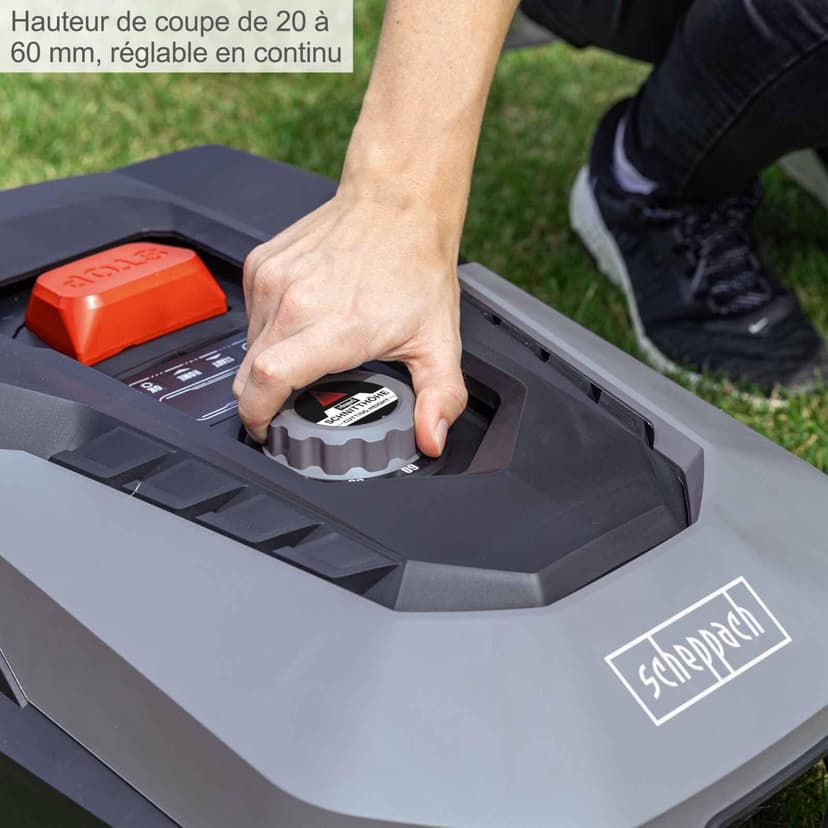 Scheppach RoboCut XXL900 | Largeur de Coupe 18cm | Hauteur de Coupe 20-60 mm | Détecteur de Pluie | WiFi & BT | Contrôle par App | Pente de 35% | avec Station, 9 Lames, 170m de câble & 230 Crochets - 9